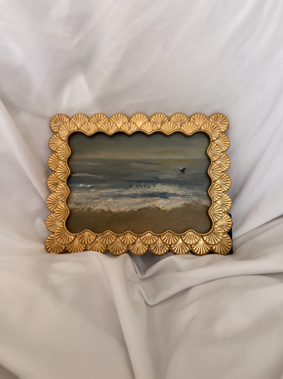 Pelican Over the Ocean – 5x7 Original Oil Painting in Vintage Gold Frame, Coastal Wall Art, Beach Scene