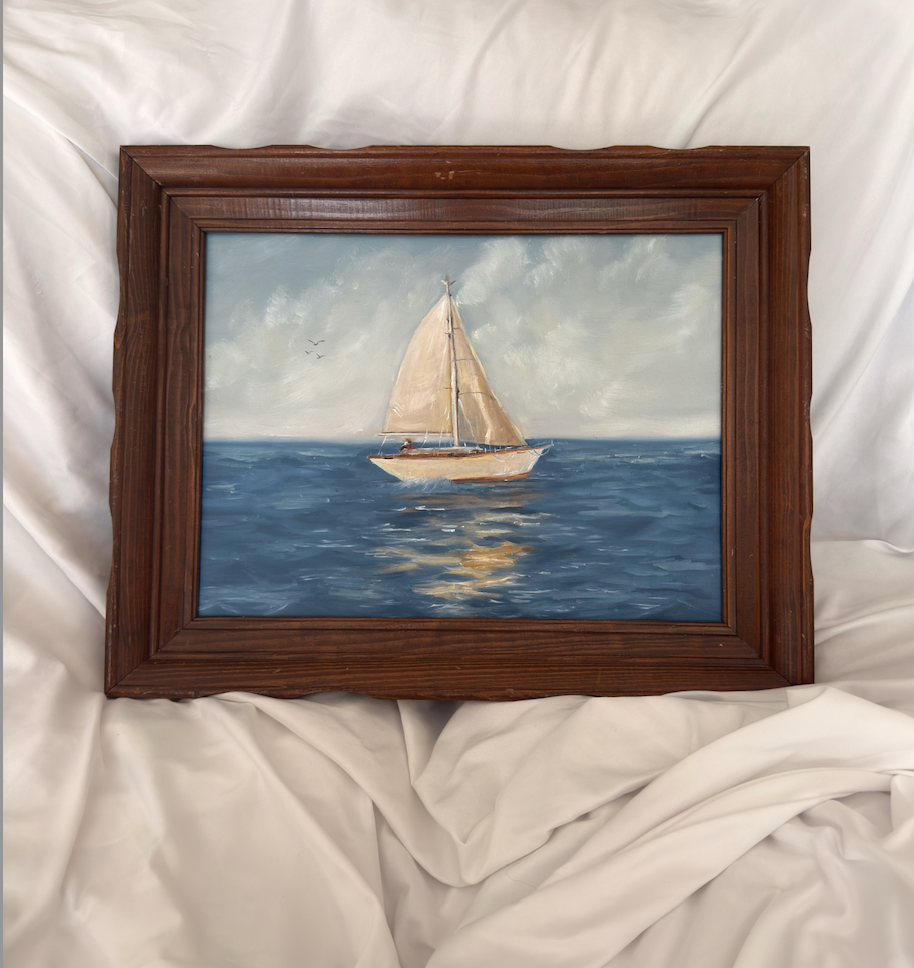 Sailboat at Sea – Original Oil Painting in Vintage Wood Frame, Coastal Wall Art