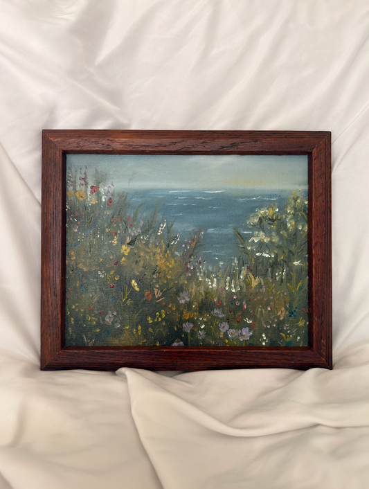 Field of Flowers Overlooking the Ocean – 8x10 Original Oil Painting in Vintage Wood Frame, Coastal Landscape Wall Art