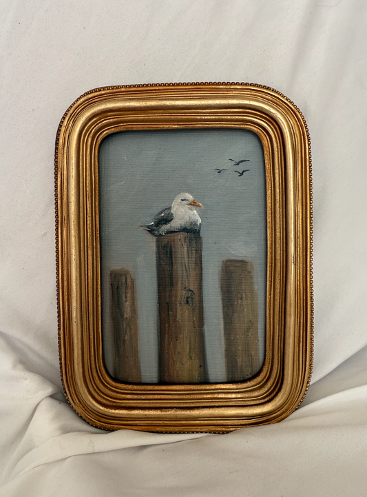 Seagull on Dock Piling – 4x6 Original Oil Painting in Vintage Gold Frame, Coastal Mini Wall Art