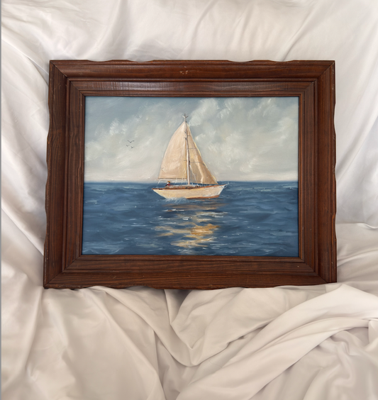 Sailboat at Sea – Original Oil Painting in Vintage Wood Frame, Coastal Wall Art