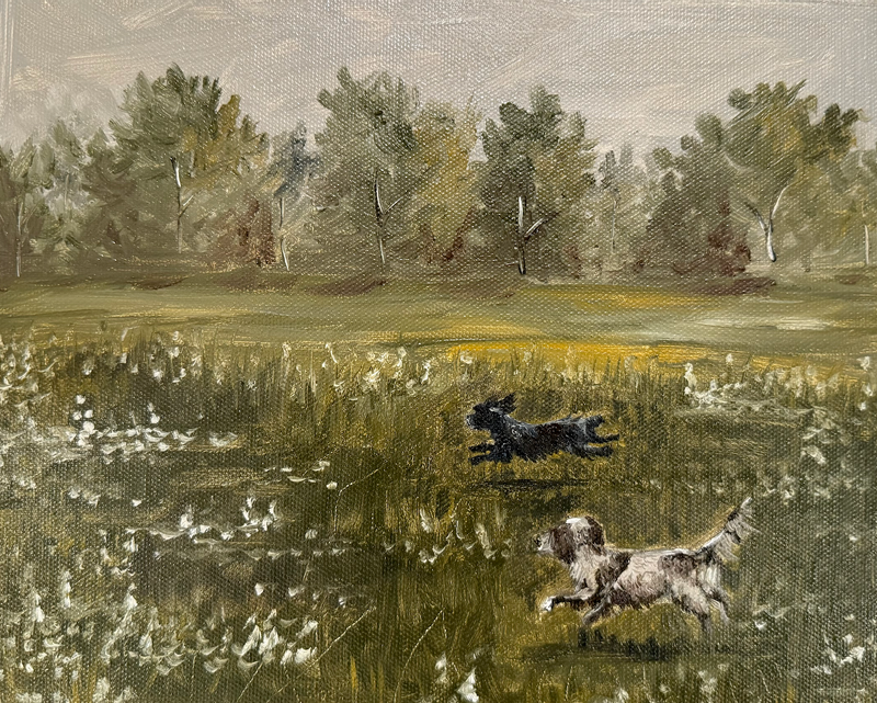 Two dogs in a field with trees in the background
