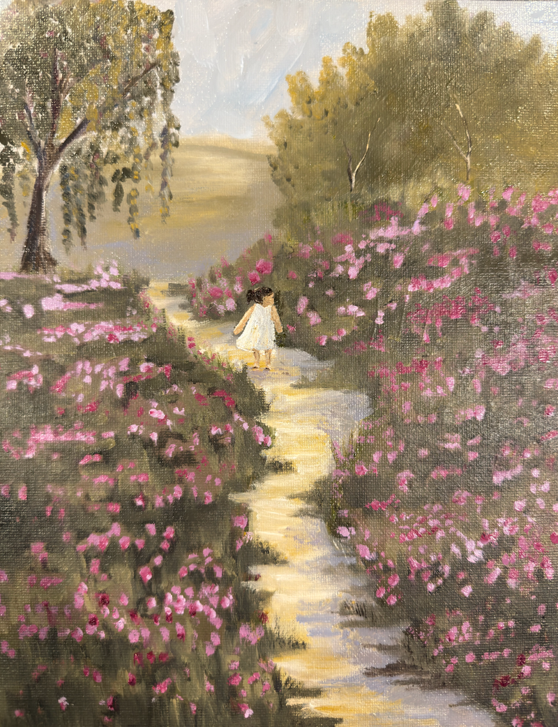 Painting of a young girl walking along a path lined with pink flowers and trees.