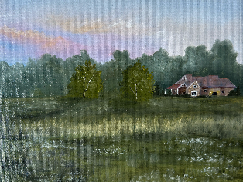 Painting of a house in a field with trees at sunset