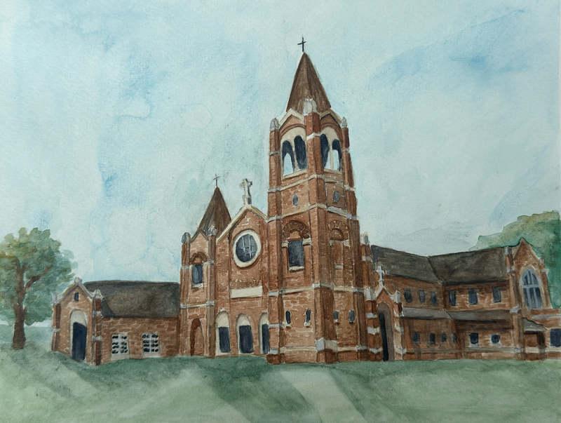 Watercolor painting of a large brick church with a tall tower against a light blue sky.