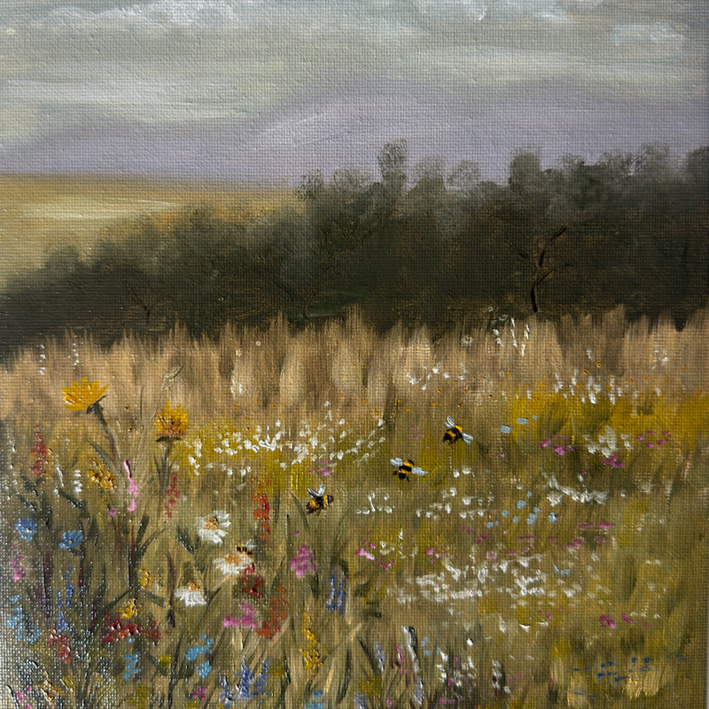 Painting of a landscape with a field, trees, and sky on a textured white surface.