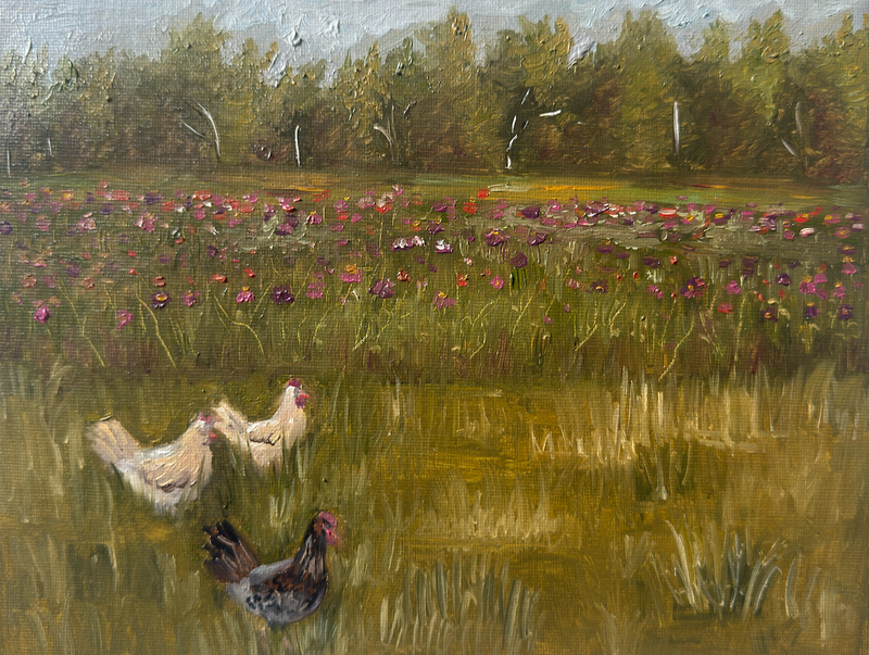 Painting of chickens in a field with flowers and trees in the background