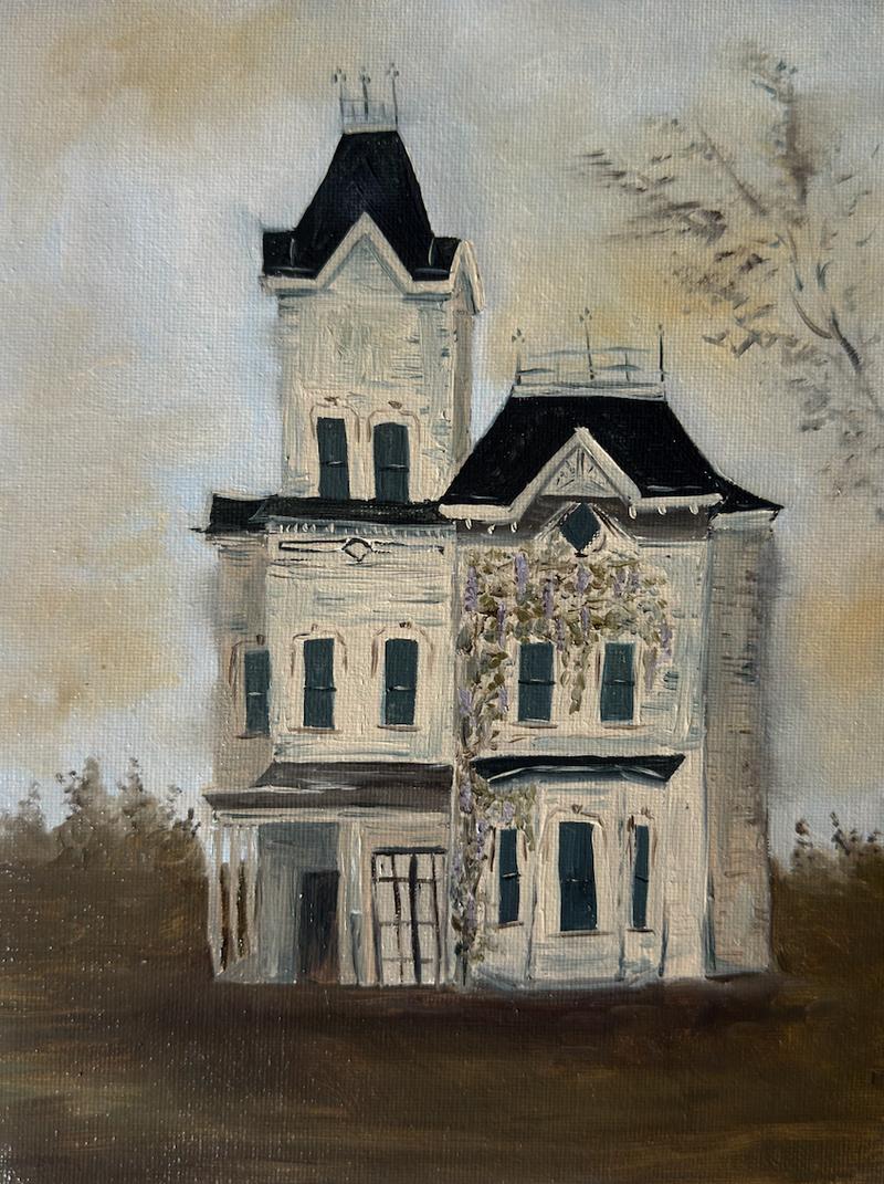 Painting of a large, detailed house on a textured surface