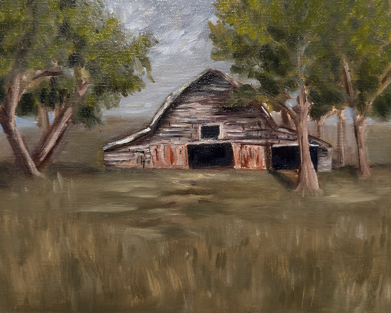 Painting of an old wooden barn surrounded by trees and grass.