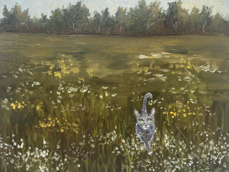 Painting of a cat in a field with flowers and trees
